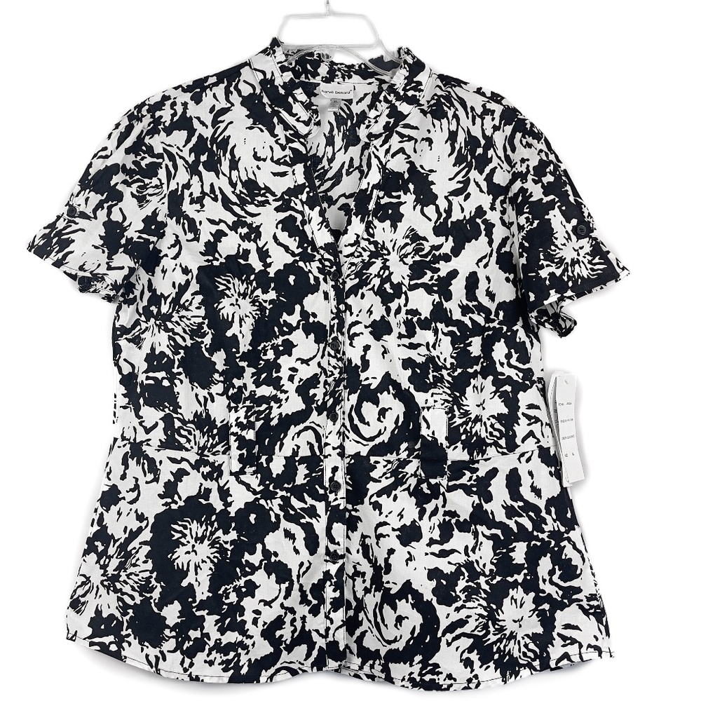 Black and White Cotton Stretch Short Sleeve Blouse